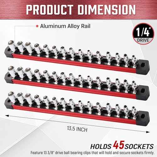 ALOANES 3-Piece Magnetic Socket Organizer, Heavy Duty Aluminum Socket Rails Organizer, Socket Rail Holder for Tool Box, 1/4-Inch Socket Holder x 45 Stainless Clips (Red)