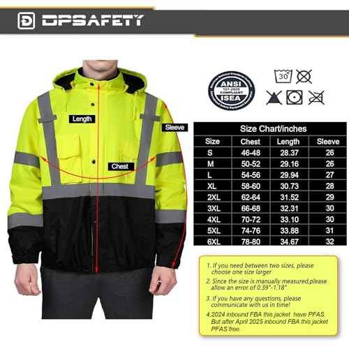 Safety jacket for men,Reflective high Visibility Hooded jacket,Hi-Vis Bomber Jacket with Pockets and Zipper,Waterproof,Black Bottom,ANSI/ISEA 107-2020 Type R Class 3,Lime