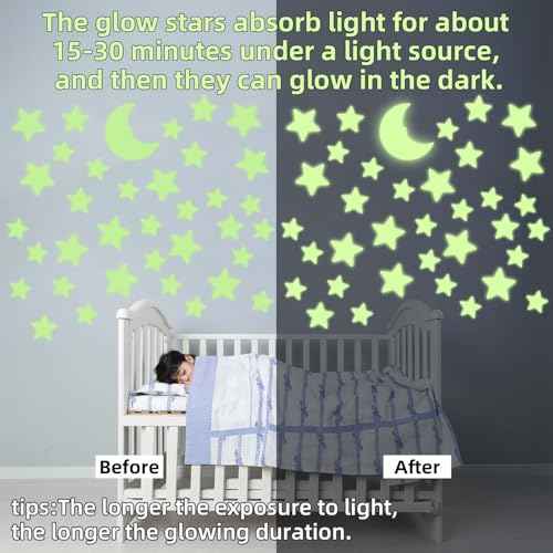 201 Glow in The Dark Stars for Ceiling with Moon, 3 Sizes of Glowing Stars Stickers Kit for Kids Bedroom, Christmas Stocking Stuffers, Wall Decals, Room D?cor