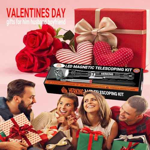 Valentines Day Gifts for Him Men Husband - Magnetic Pickup Tool and Extendable Mirror, Telescoping Magnet Flashlight, Mens Birthday Gifts for Dad from Daughter or Wife