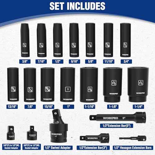 WORKPRO 20-Piece 1/2£¢ Drive Deep Impact Socket Set, 6-Point, Cr-V Steel, 10-27mm, Universal Joint, Adapter and Extension Bar, SAE