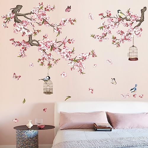 wondever Cherry Blossom Wall Stickers Pink Flowers Tree Branch Peel and Stick Wall Art Decals for Baby Nursery Bedroom