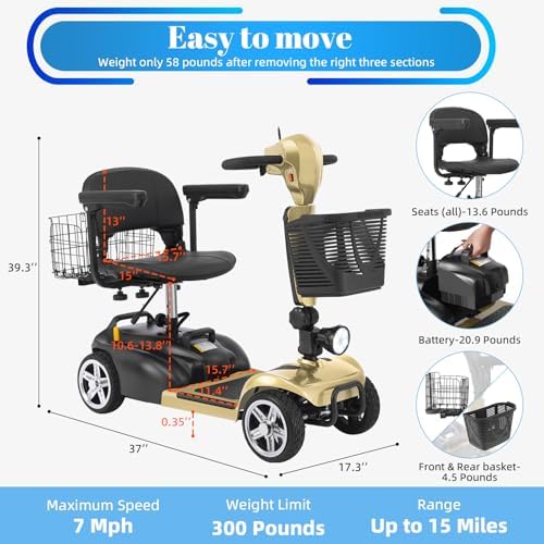 15-45 Miles Ecomobi MS02 4 Wheels Mobility Scooter for Adults/Seniors, 350W Powered Electric Wheelchair Device w/15Ah-25Ah Extended Battery, Dual Baskets/Rotating Seat, Compact Duty Mobile for Elderly