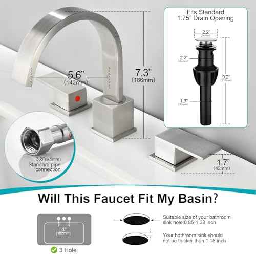 Widespread 8 Inch Brushed Nickel Bathroom Sink Faucet, Waterfall Nickel Stainless Steel Bathroom Faucet for Sink 3 Hole, Vanity Lavatory Sink Faucets with Drain & Water Hoses