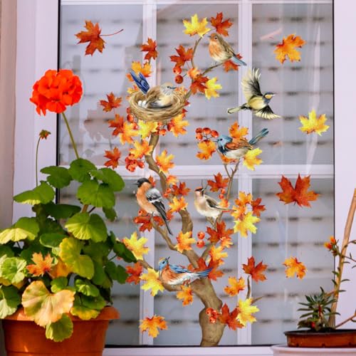 Autumn Maple Leaf Window Clings ? Double-Sided Thanksgiving Tree Branches with Birds & Nest, Removable Fall Glass Door Stickers for Home Bedroom Living Room Farmhouse Decor