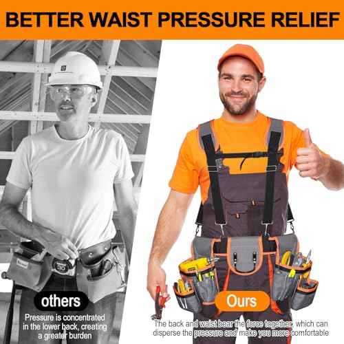 Tool Belts for Men with Magnetic Function, Large Capacity Carpenter Electrician Tool Belt with Suspenders for Men, Electrician Tool Pouch Bag with Adjustable Waist Size, Grey and Orange