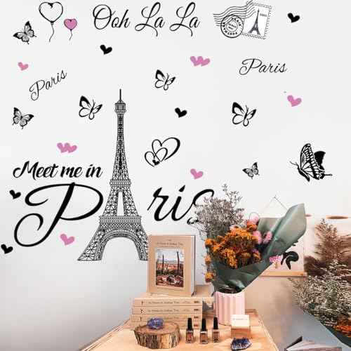 Paris Tower Wall Decal Paris Eiffel Tower Wall Sticker Vinyl Eiffel Tower Peel and Stick Wall Decals Removable Self-Adhesive Stickers Paris Tower Wall Decor for Bedroom Kitchen Office Background Livin
