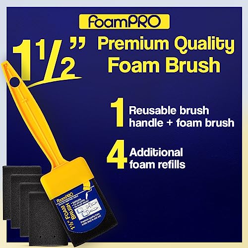 FoamPRO 715-4, 1 1/2" Foam Brush w/ 4 Refills - Premium Quality Paint Brush Set for All Paints, Urethanes, Varnishes, Stains - Effortless Application Foam Brushes- Smooth Finish, Reusable Handles