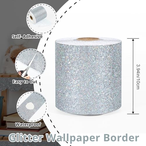 Silver Glitter Wallpaper Border, Sparkle Bulletin Board Border Self-Adhesive Decorative Trim for Classroom Bulletin Boards Poster Frames Mirrors Cabinets Blackboards Shiny Sparkle Design