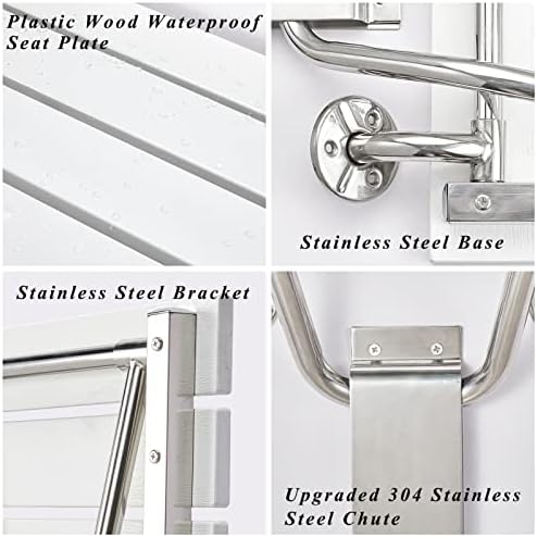 Folding Shower Seat and Bench Wall Mounted, Shower Chair Foldable, Shower Stool Collapsible for Inside Shower Bathroom Bathtub Small Space, 350lb Capacity, Plastic Wood