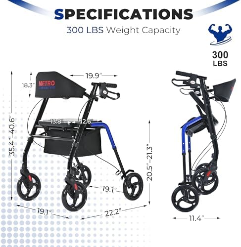 Metro Mobility Rollator Walker with Seat for Seniors, Foldable Lightweight Rolling Walker, 8" Big Wheels for All Terrain, 300 lb. Weight Capacity, Blue