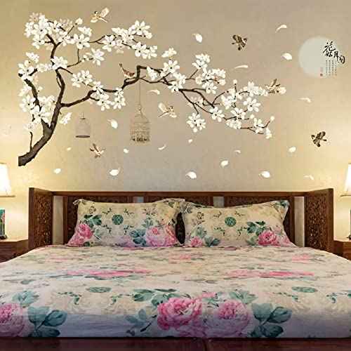 Large White Flower Wall Stickers, 50"x74" Removable DIY Romantic Cherry Blossom Tree Wall Murals Peel and Stick 3D Wall Art Stickers Home Decor for Gilrs Bedroom Nursery Rooms Living Room
