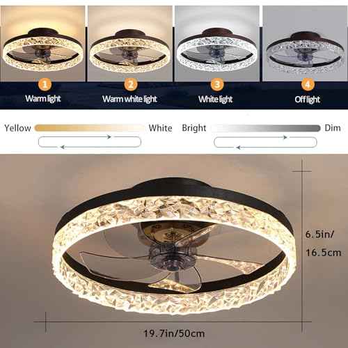 PSHRFANST 19.7" Modern Low Profile Ceiling Fan with Lights and 6-Speed Remote, Dimmable LED, Reversible Quiet DC Motor - Ideal for Bedroom, Kitchen, Office (Black)