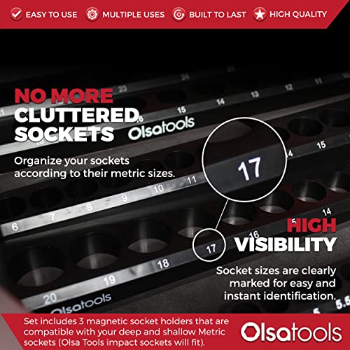 Olsa Tools Magnetic Socket Organizer | 3 Piece Socket Holder Kit | 1/2-Inch, 3/8-Inch, & 1/4-Inch Drive | Metric Black | Holds 75 Sockets | Professional-Grade