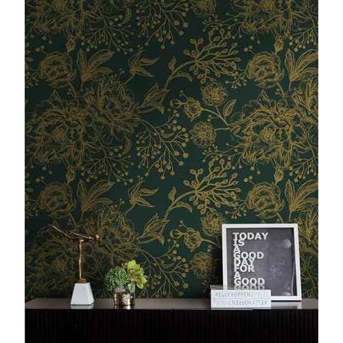 Safiyya Peel and Stick Wallpaper Boho Floral Contact Paper 78.7" x 17.3" Gold and Dark Green Wall Paper Modern Self Adhesive Removable Wallpaper for Bedroom Bathroom Vinyl Rolls