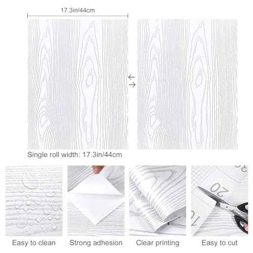 Yun-aeon White and Silver Wood Contact Paper 17.3"x80" Rustic Wooden Peel and Stick Wallpaper Removable Self-Adhesive Wallpaper Wood Grain Contact Paper for Countertops Cabinets