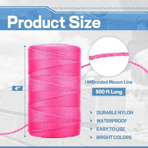 Woanger 8 Rolls Mason Line #18 Braided Nylon String Total 4000 Feet Length Masonry Nylon Twine for Construction Gardening Crafting DIY Project Workshop(Fluorescent Pink)