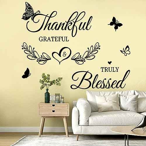 Inspirational Quote Wall Decor Thankful Grateful Blessed Wall Decal Quote Faith Vinyl Lettering Wall Stickers for Home Decor Living Room TV Background Home Decoration