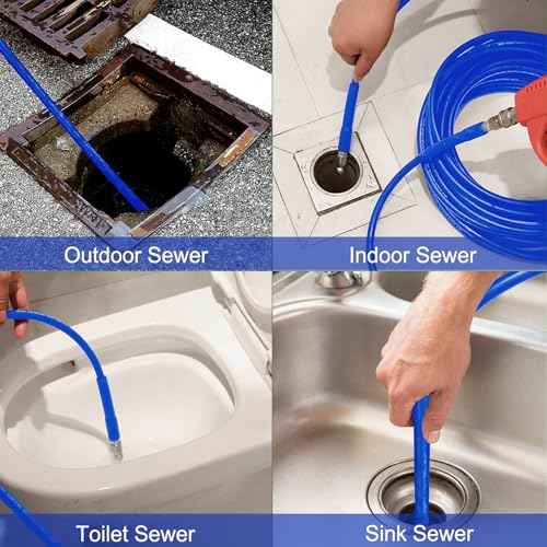 Sewer Jetter Kit 100 FT for Pressure Washer, 5800 PSI Drain Cleaner Hose 1/4 Inch NPT Corner Rotating and Button Nose Sewer Jetting Nozzle Spanner WatertightTape Pearl Corsage Pin(Blue)