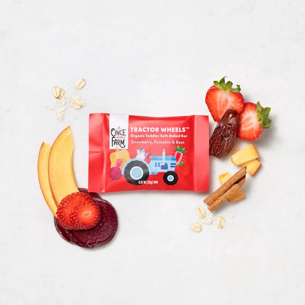 Once Upon a Farm | Organic Toddler Soft-Baked Bar Tractor Wheels Variety Pack | Apple, Strawberry, Banana | Made with Real Fruit & Veggies | No Added Sugar | 30 Bars