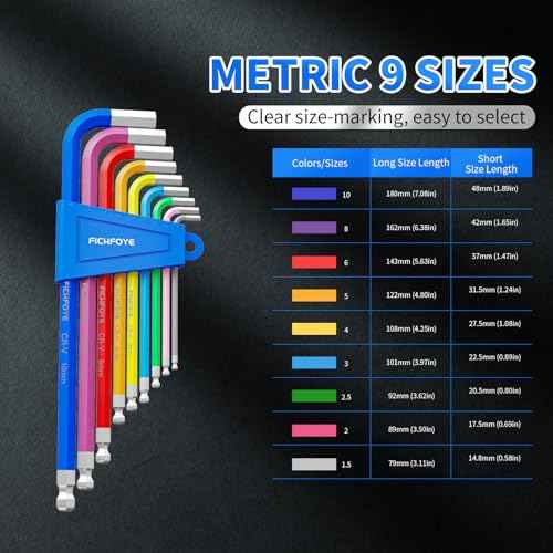 9PCS Metric Allen Key Set, Color Coded Hex Key, 1.5-10MM Anti-Slip Long Ball End Hex Wrench Set Ideal for Dismantling Machinery, Equipment, Vehicle, and Bicycle Maintenance