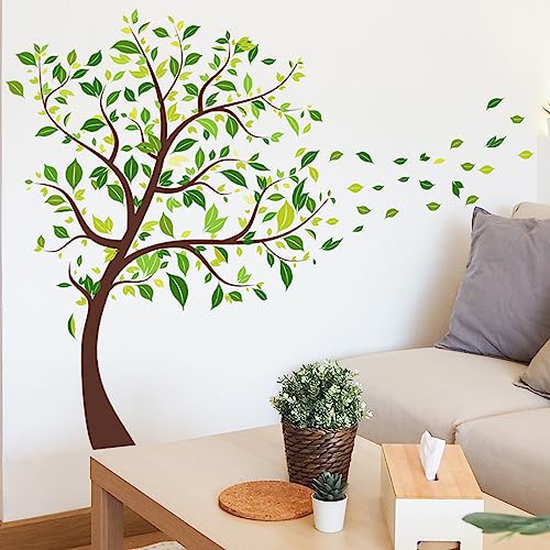 Green Tree Wall Decals Flying Leaves Wall Stickers Green Leaves Wall Decor for Bedroom Nursery Living Room Home Wall Decor (Green-Tree)