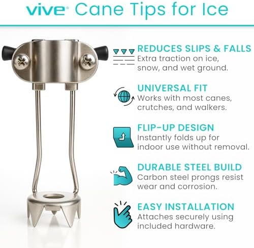 Vive Cane Tips for Ice - All Terrain Heavy Duty (2 Pack) Metal Retractable 4-Prong Hiking Attachment - Replacement Grip for Walking Sticks, Trekking Pole, Crutches, Tip Points for Winter Snow Safety
