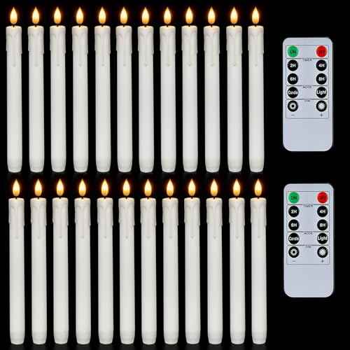 Homemory 24 Pcs Plastic Flameless Taper Candles with Remote Timer Dimmer, White Taper Candles Battery Operated with Flickering Flame Light Lifelike Led Candlesticks for Indoor Decoration 9.6 Inches