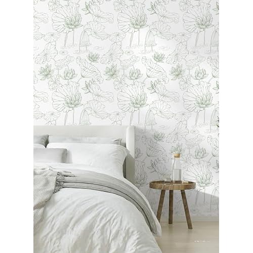 Safiyya Peel and Stick Wallpaper Green and White Floral Contact Paper Peel and Stick Wall Paper Lotus Modern Self Adhesive Removable Wallpaper for Bedroom Covering Vinyl Rolls 17.3" x 78.7"