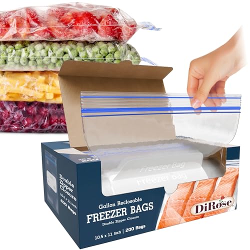 DiRose Reclosable Freezer Bags - 1 Gallon Size (200 Pack) | Double Zipper, Airtight Seal, BPA-Free, Premium Thick Heavy-Duty Bags for Safe and Secure Food Storage