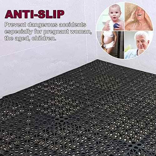 12 Pack 12" Interlocking Rubber Bathroom Flooring Tiles Non-Slip Pool Mat Splicing Shower Mat Outdoor Cushion Mat for Drain, Deck, Pool, Patio, Balcony, Shower, Kitchen, Yard (Black)