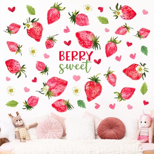 Mfault Spring Summer Strawberry Wall Decals Stickers, Berry Sweet Fruit Love Heart Decorations Girls Bedroom Art, Home Kitchen Kids Room Living Room Bathroom Decor