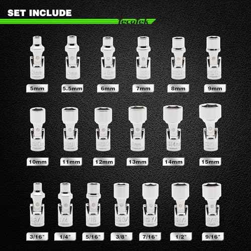 19-Piece 1/4-Inch Drive Universal Joint Socket Set, Swivel Socket Set, 6-Point, SAE (3/16" to 9/16") and Metric (5mm to 15mm), CR-V, Universal Flex Socket for Easier Access to Tight Spaces