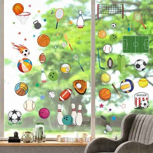 CRASPIRE 8 Styles Sports Wall Stickers PVC Ball Games Window Stickers Decals Waterproof Self Adhesive Cling Peel and Stick for Home Stairway Decoration Bedroom Living Room Kitchen Showcase