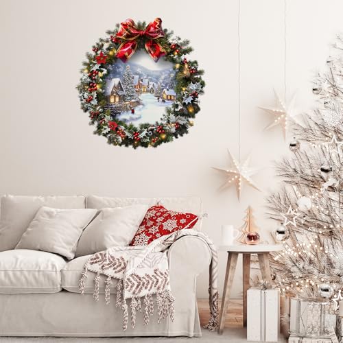 Christmas Wreath Wall Decals with Ribbon Peel and Stick Christmas Mural Art Stickers for Christmas Party Home Kitchen Decor (A)