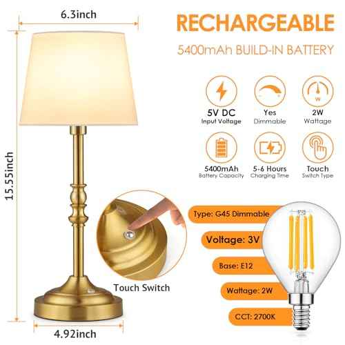 GGOYING Set of 2 Rechargeable Cordless LED Table Lamps, 4-Level Dimmer, Bronze Portable Desk Lamps with White Fabric Shades, Night Light for Dining, Bedroom and Patio