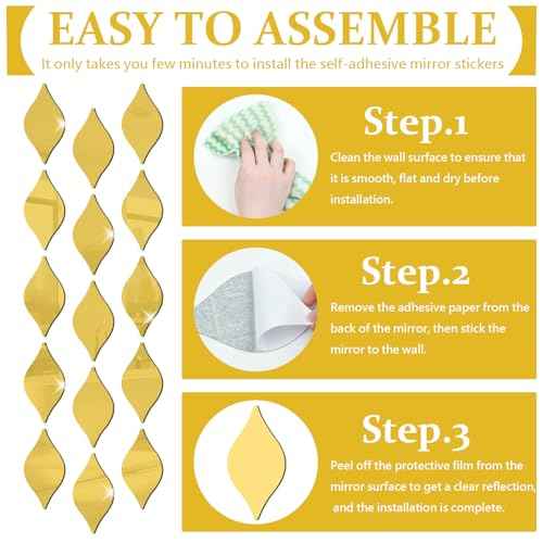 DARENYI 20Pcs Gold Teardop Mirror Wall Stickers Shatterproof Acrylic Mirror Tiles Self Adhesive Wall Decor Decals for Living Room, Bathroom, Bedroom, TV Background, Entryway Decor