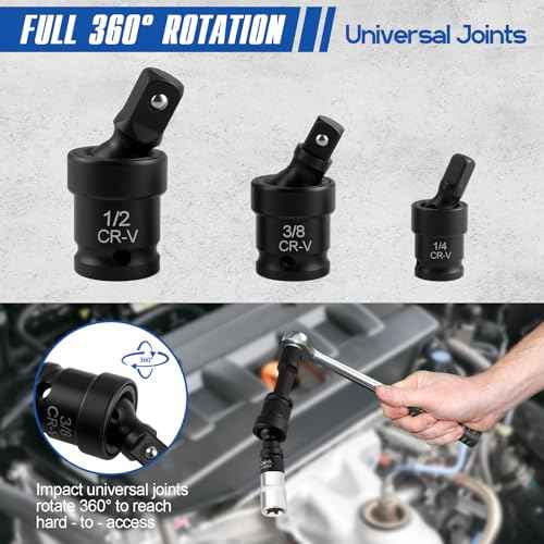 18-Piece Professional Impact Socket Extension Set with 1/4", 3/8" & 1/2" Drive Extension Bars, Socket Adapter Set, Swivel Universal Joints and Impact Coupler