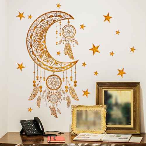 Runtoo Dream Catcher Wall Stickers Gold Star Feathers Wall Art Decal Bedroom Girls Nursery Home Decor