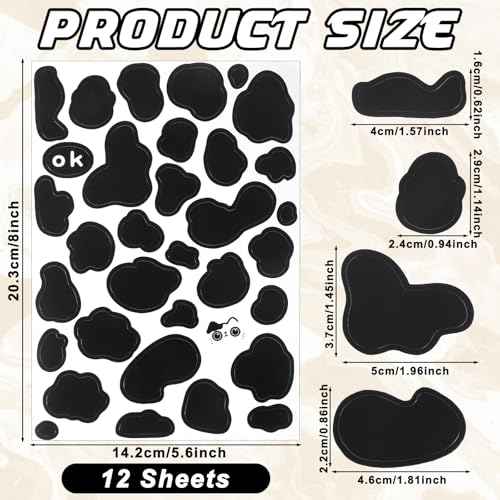 408 Pcs Cow Print Stickers, 12 Sheets Self-Adhesive Cow Spot Pattern Print Wall Art Decals Black Waterproof Peel and Stick Vinyl Decals for Wall Car Laptop Water Bottle Home Decor