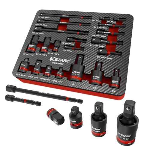 EZARC 21PCS Impact Socket Adapter Set, Includes CR-MO Universal Swivel Socket Set, CR-MO Impact Couplers, CR-V Reducers, CR-V Hex Extension Bits, Square Drive Sockets, 1/4", 3/8", 1/2" Drive
