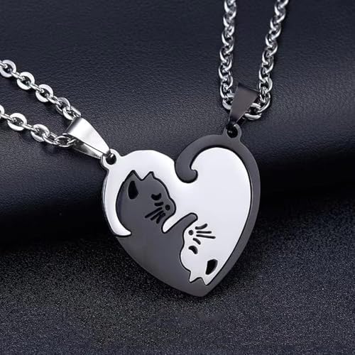 Cat Matching Necklaces, heart cat necklace,friendship necklace,couple necklaces, stainless steel necklace,bff necklace, birthday present, anniversary, Christmas Gift