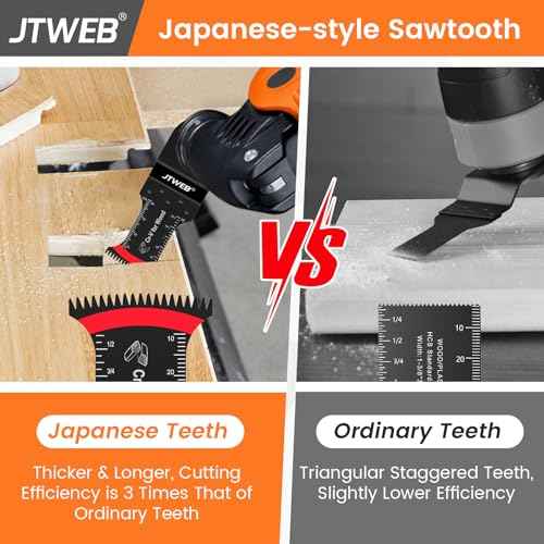 JTWEB Japanese Tooth Oscillating Saw Blades Wood, 12PCS Standard & Extra-Long Reach Arc-Shaped Edge Multitool Blades Clean Cut for Wood, Plastic, Power Oscillating Tool Blade Multi Tool Blades Kits