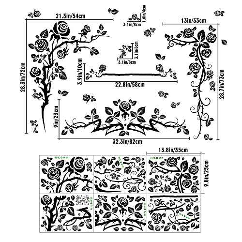 Amaonm Creative 3D Black Vinyl Flowers Wall Stickers - Removable DIY Flower Vine Wall Decals for Roses & Leaves Decor