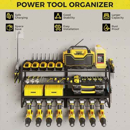 1 Pack Power Tool Organizer Wall Mount with 8 Outlet Power Strip, 4-layer Heavy-duty Metal Tool Storage Rack, Maximum Load of 400lbs, Garage Organization with 4 Racks and 8 Cordless Drills