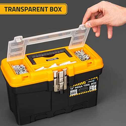 CANOPUS Plastic Toolbox, 13-inch Portable Mega Tool Box with Metallic Clutch, Tool Organizer with Extra Storage Tray for Home Tools, Nails and Pins, Black-Yellow