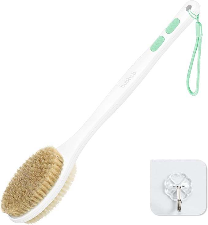 Back Scrubber for Shower with Long Handle, Exfoliating Bath Brush for Body - Double Sided Bristles (Stiff & Soft), Anti-Slip Grip, Lightweight - Gift for Seniors, Includes Lanyard & Hook,Green
