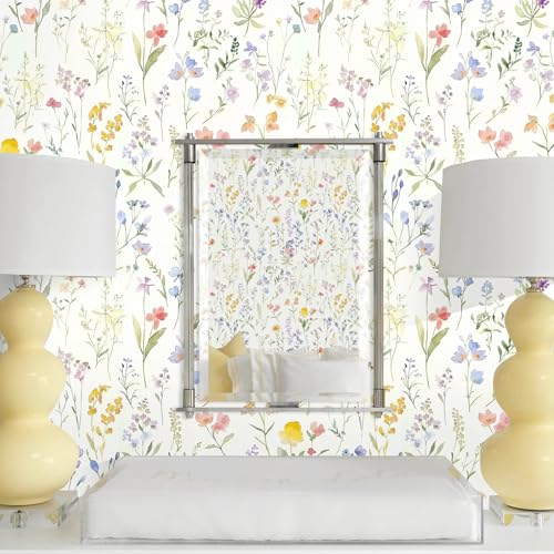 Floral Peel and Stick Wallpaper Boho Contact Paper Flower Leaf Removable Self Adhesive Waterproof Wall paper for Bathroom Bedroom Nursery Wildflower Botanical Thickened Vinyl Roll 17.32inW 118.11inL
