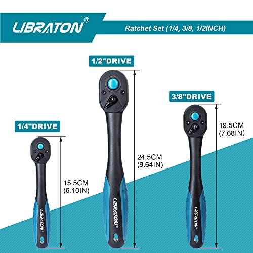 LIBRATON Ratchet Handle, 3 PCS 1/4", 3/8", 1/2" Heavy Duty Drive Ratchet Socket Wrench with Quick-Release Head, 72 Teeth, Reversible Design, Comfort Grip for Car Repair, EVA Organizer