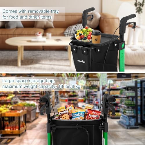 3 Wheel Rollator Walker, Walkers for Seniors, Rollator Walker Lightweight Foldable, with Tray and Large Storage Bag, 10 Inch Front Wheel for All Terrain, Green